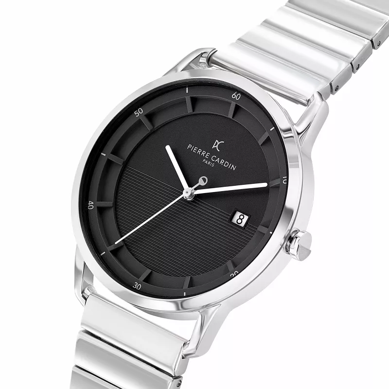 Pierre Cardin Herren Analog Quarzuhr CLC.6006 - 43mm Edelstahlgehäuse Schwarzes Lederarmband