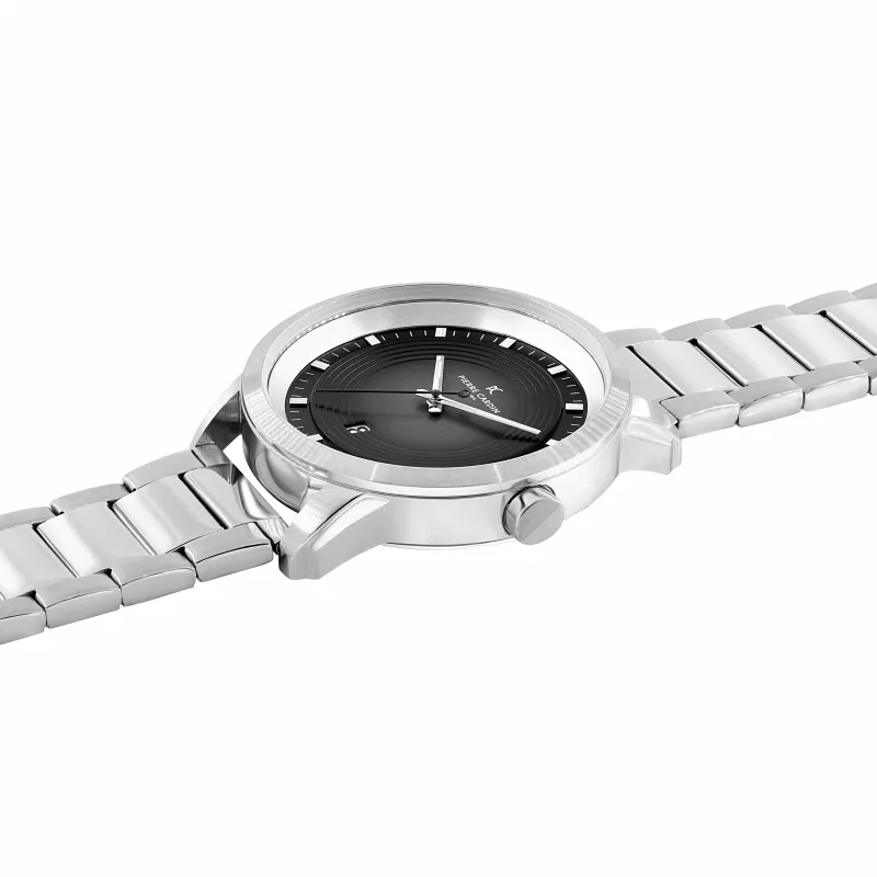 Pierre Cardin Herren Quarz Analoguhr CCP.5024 - 45mm Edelstahlgehäuse, schwarzes Zifferblatt, schwarzes Lederarmband