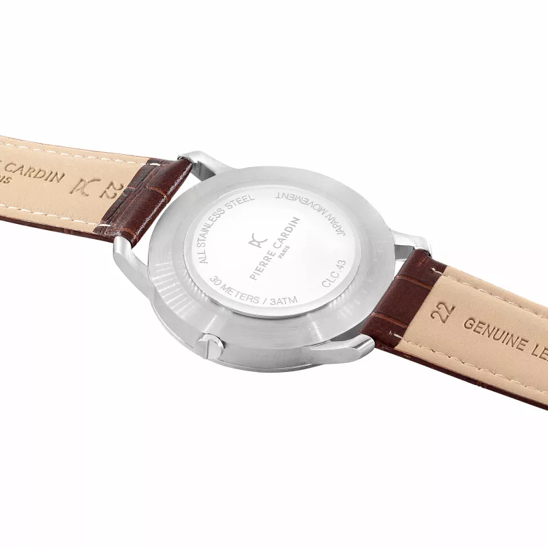 Pierre Cardin Herren Quarz Analoguhr CLC.6000 43mm Edelstahlgehäuse Schwarzes Lederarmband