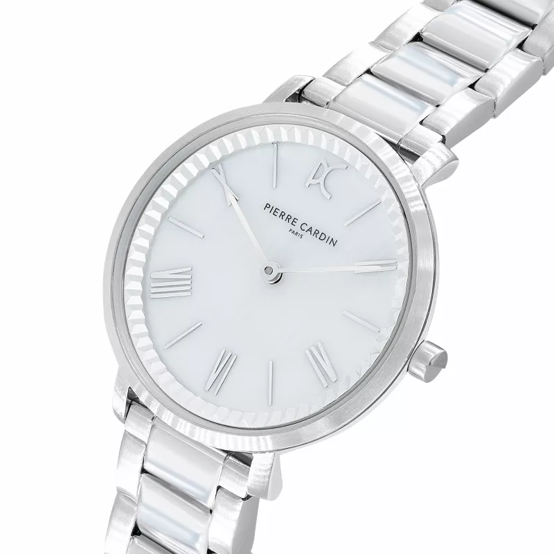 Pierre Cardin Damen-Quarz-Armbanduhr CBC.5002 32mm Edelstahlgehäuse Weißes Zifferblatt Schwarzes Lederarmband