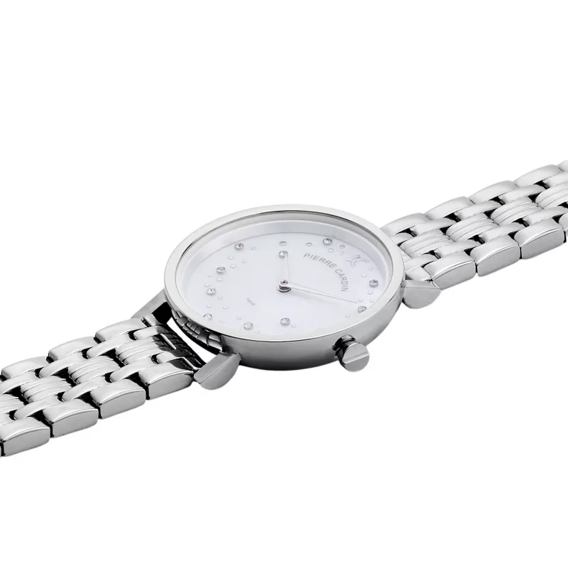 Pierre Cardin Damen-Quarz-Armbanduhr CCM.0550 32mm Edelstahlgehäuse Silbernes Zifferblatt Schwarzes Lederband