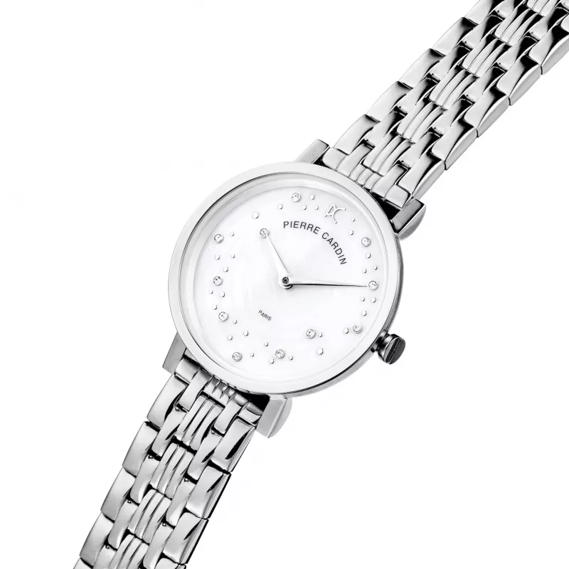 Pierre Cardin Damen-Quarz-Armbanduhr CCM.0550 32mm Edelstahlgehäuse Silbernes Zifferblatt Schwarzes Lederband