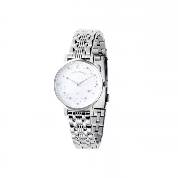 Pierre Cardin Damen Quarz Analoguhr CCM.0550 32mm Edelstahlgehäuse silbernes Zifferblatt schwarzes Lederarmband