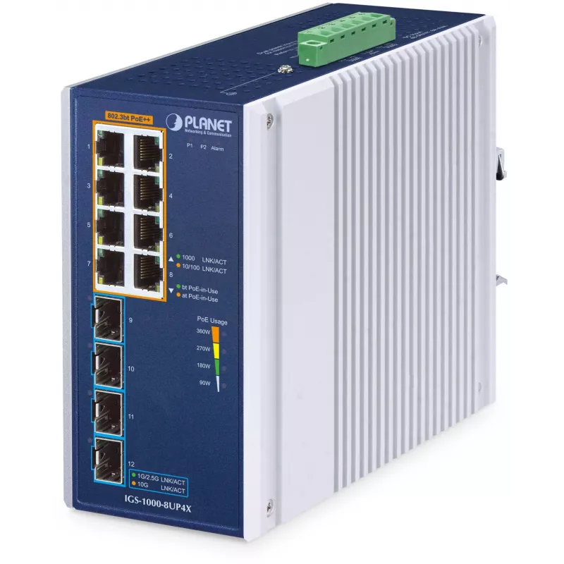 PLANET TECHNOLOGY CORP. IGS-5225-8P4X Industrial 8-Port 10/100/1000T 802.3bt PoE + 4-Port 10G SFP+ Ethernet Switch (360W PoE Budget, PoE Usage LED, -40~75°C, Dual 48~54V DC)