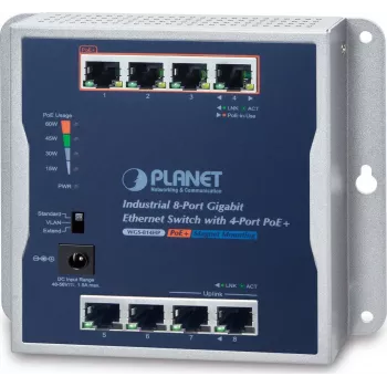 Planet WGS814HP Industrieller Gigabit-PoE+-Switch, 8 Ports (4 PoE+), Wandmontage, IP30, 60 W Budget