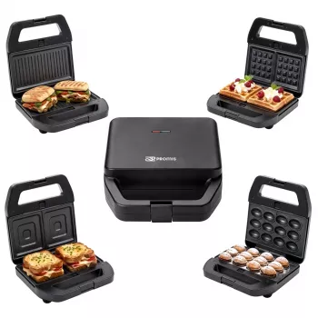 PMS 4-in-1 MELTO Sandwich Maker mit austauschbaren Platten für Sandwich, Waffel, Grill, Keks/Nuss, 800 W, Schwarz/Silber