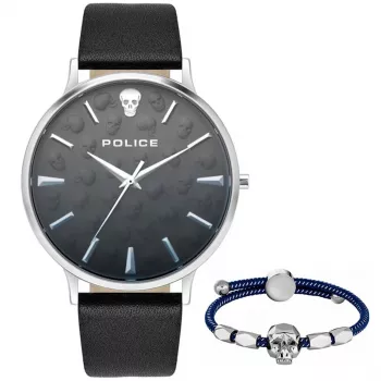 POLICE Herren Analog Quarzuhr PLTASM2SET20 44mm Edelstahlgehäuse Blaues Zifferblatt Braunes Leder & Silbernes Mesh-Armband