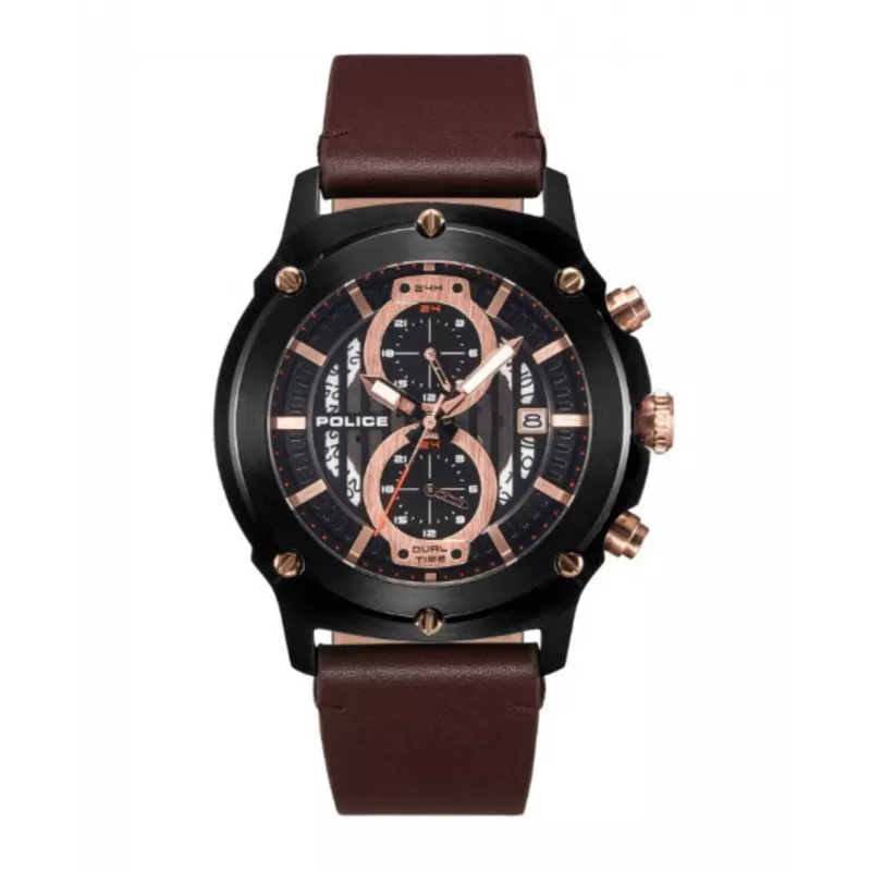 Police Herren-Chronograph Uhr R1451324001 - 46mm Edelstahlgehäuse, blaues Zifferblatt, braunes Lederarmband