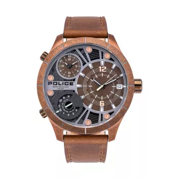 POLICE Herren PL15662XSQR1 Chronograph Quarz Uhr, 52mm Edelstahlgehäuse, schwarzes Zifferblatt und Lederarmband