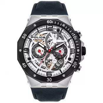 POLICE Herren PL16065JSTB04 Raho Analog Quarz Uhr 46mm Blaues Zifferblatt Braunes Lederarmband