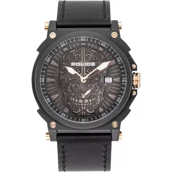POLICE Herren Quarz Analog Uhr PL15728JSB.02 48mm Edelstahlgehäuse Schwarzes Lederarmband