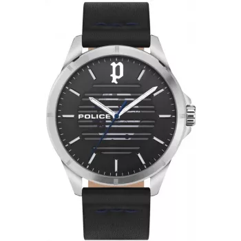 POLICE Herrenuhr PEWJA2204503 46mm Edelstahl Quarz Analog Schwarzes Zifferblatt Lederarmband
