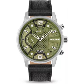 POLICE Herrenuhr PEWJF2203305 48mm Chronograph Schwarzes Zifferblatt Lederarmband