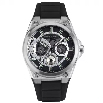 POLICE Herrenuhr PEWJQ2203201 45mm Edelstahlgehäuse Schwarzes Zifferblatt Lederarmband