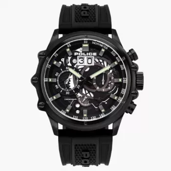 POLICE Herrenuhr PL16018JSB02P 48mm Edelstahl Quarz Analog Schwarzes Zifferblatt Lederarmband