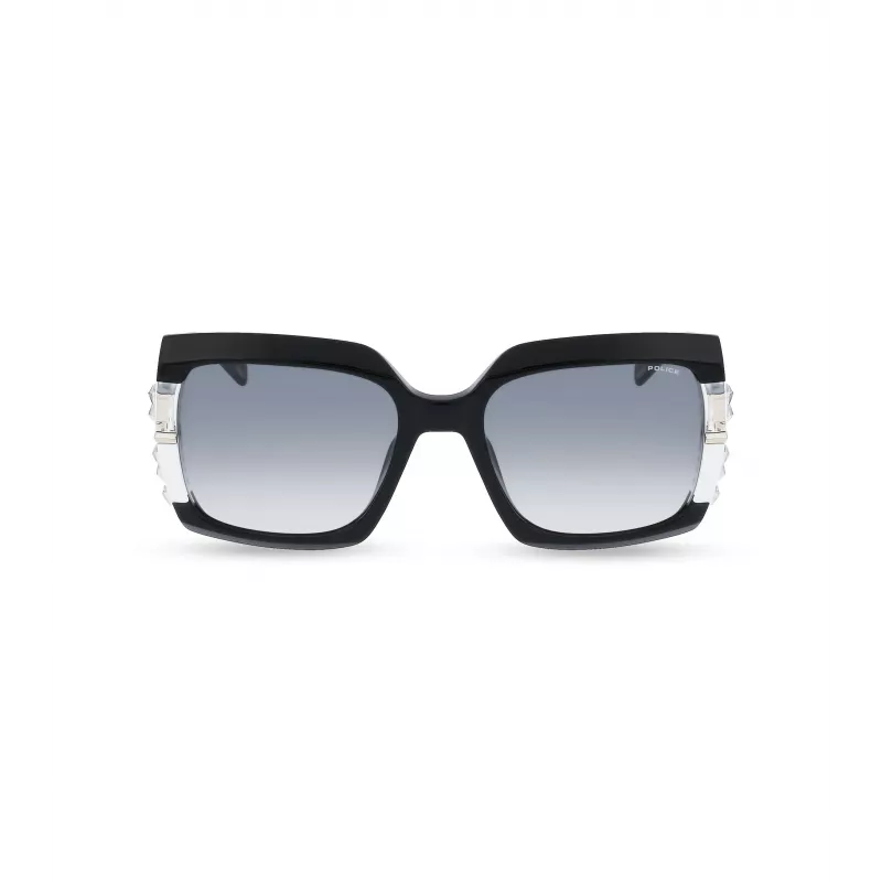 POLICE Damen-Sonnenbrille SPLG23M570700 Geometrischer schwarzer Acetat-Rahmen graue Polycarbonat-Gläser 57mm