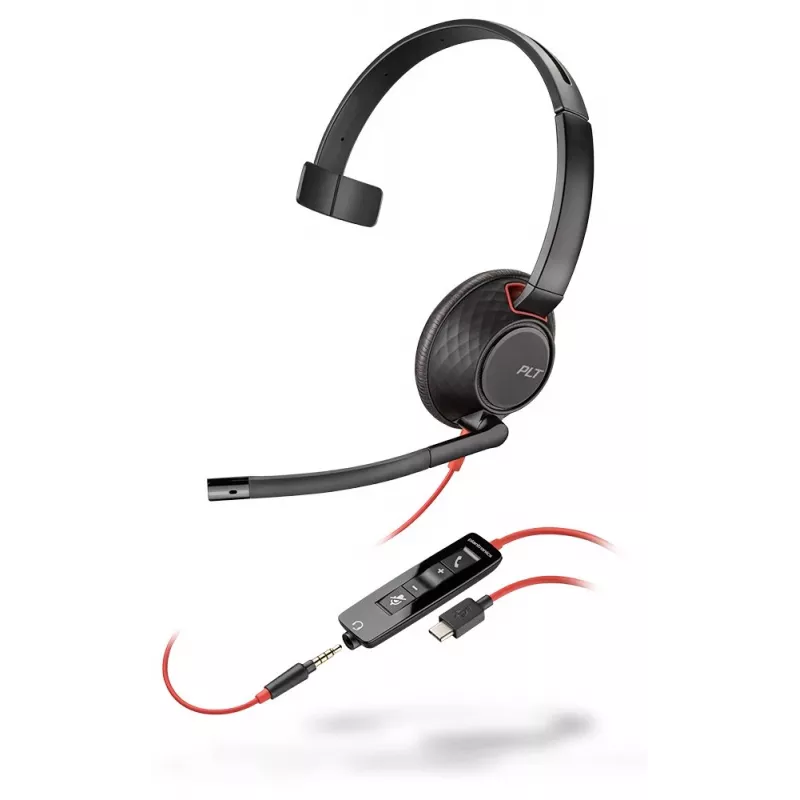 Poly Blackwire C5210 USB-C - 5200 Series - Wired On-Ear Mono Headset with Boom Microphone, Noise Cancelling, In-Line Controls, Black