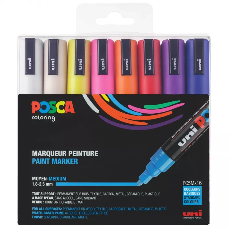 POSCA PC-5M Marker-Set mit Rundspitze, verschiedene Farben, 16 Stück