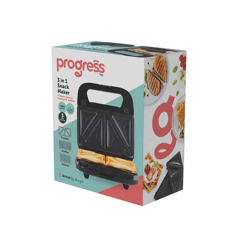 Progress EK6666PVDE 3-in-1 Snack Maker - Waffel-, Sandwich- & Donut-Maker, 900 W, Schwarz