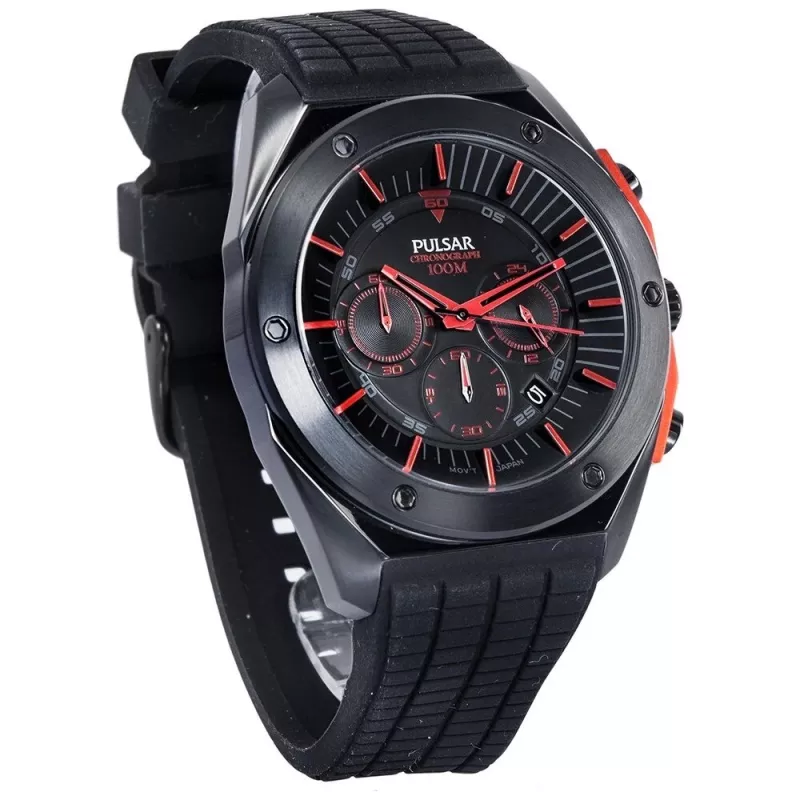 Pulsar Herren Quarz-Chronograph Armbanduhr PT3463X1 - 45mm Edelstahlgehäuse, blaues Zifferblatt, braunes Lederarmband, 100m Wasserdichtigkeit