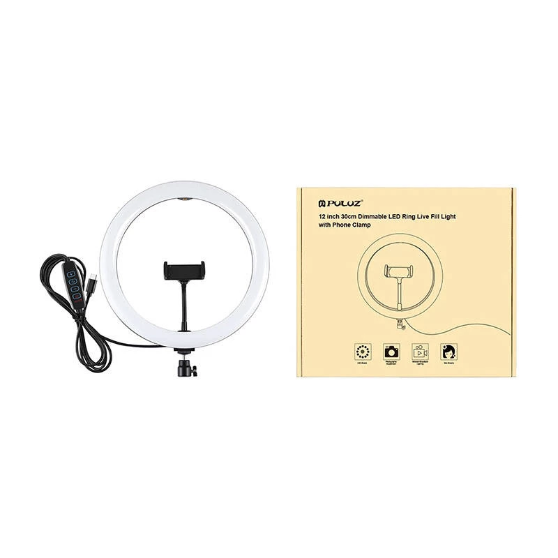PULUZ PU656B 10-Zoll LED-Ringleuchte mit Handyhalter und Stativ, 12W, 3000K-6500K, USB-betrieben, für Live-Streaming, TikTok, YouTube, Make-up, Fotografie