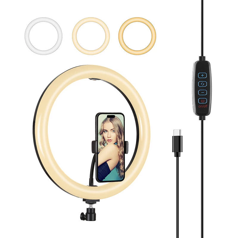 PULUZ PU656B 10-Zoll LED-Ringleuchte mit Handyhalter und Stativ, 12W, 3000K-6500K, USB-betrieben, für Live-Streaming, TikTok, YouTube, Make-up, Fotografie