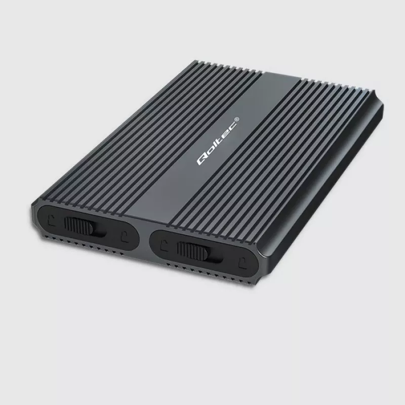 Qoltec Dual M.2 NVMe SATA SSD Gehäuse mit USB-C 3.2 Gen 2, werkzeugloses Aluminium, unterstützt 2x2TB, UASP, TRIM, 10Gbps