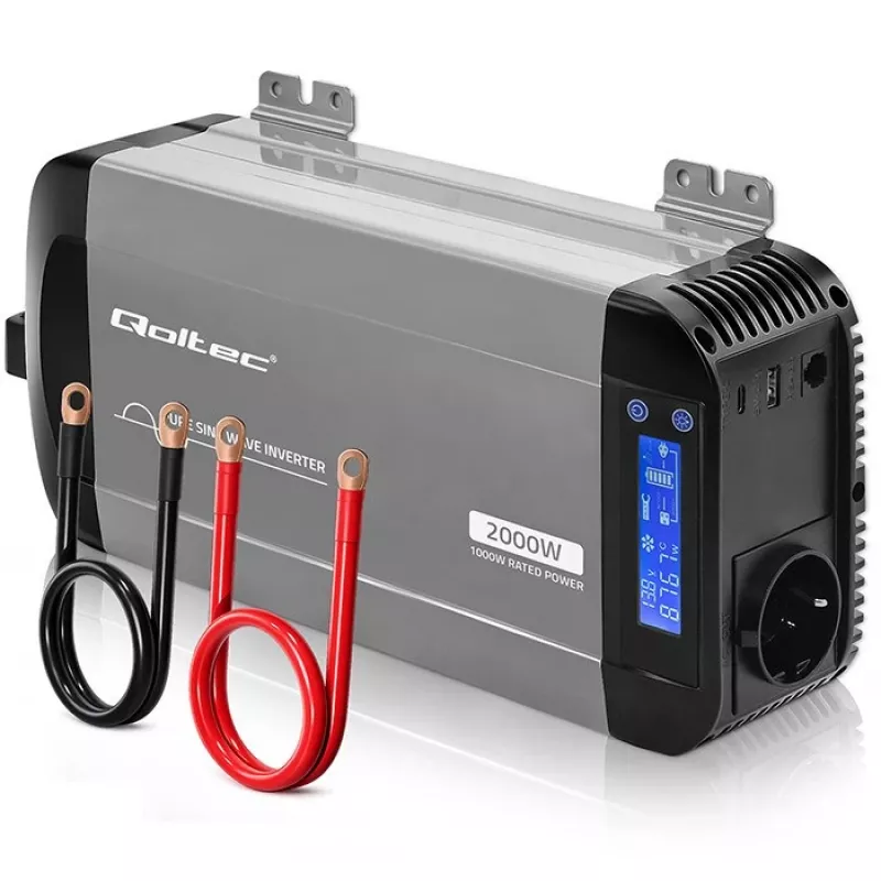 Qoltec Reiner Sinus Wechselrichter 12V auf 230V 1000W/2000W mit LCD, USB, USB-C, LiFePO4/GEL/AGM kompatibel