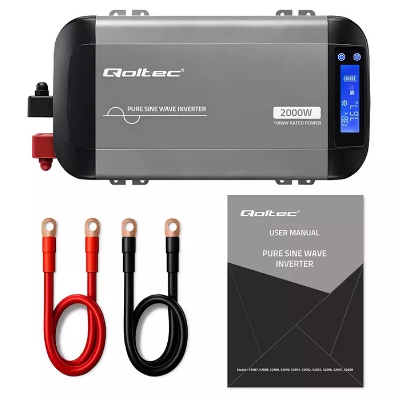 Qoltec Reiner Sinus Wechselrichter 12V auf 230V 1000W/2000W mit LCD, USB, USB-C, LiFePO4/GEL/AGM kompatibel