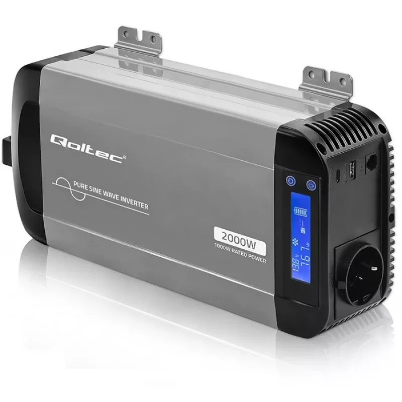 Qoltec Reiner Sinus Wechselrichter 12V auf 230V 1000W/2000W mit LCD, USB, USB-C, LiFePO4/GEL/AGM kompatibel