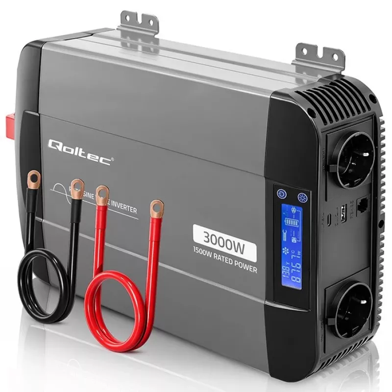 Qoltec Reiner Sinus Wechselrichter 12V auf 230V 1500W/3000W mit LCD USB USB-C für LiFePO4 GEL AGM