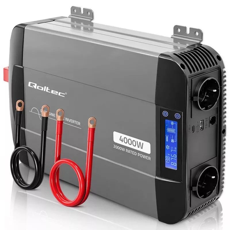 Qoltec Reiner Sinus Wechselrichter 12V auf 230V 2000W/4000W mit LCD, USB, USB-C, LiFePO4/GEL/AGM Kompatibel