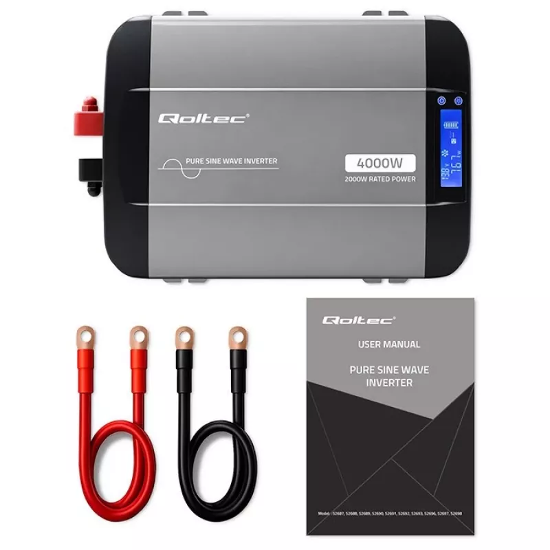 Qoltec Reiner Sinus Wechselrichter 12V auf 230V 2000W/4000W mit LCD, USB, USB-C, LiFePO4/GEL/AGM Kompatibel