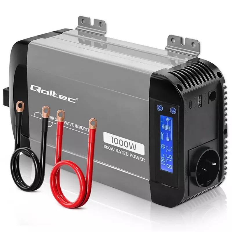 Qoltec Reiner Sinus Wechselrichter 12V auf 230V 500W/1000W mit LCD, USB, USB-C, LiFePo4/GEL/AGM Kompatibel