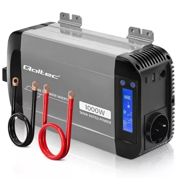 Qoltec Reiner Sinus Wechselrichter 12V auf 230V 500W/1000W mit LCD, USB, USB-C, LiFePo4/GEL/AGM Kompatibel
