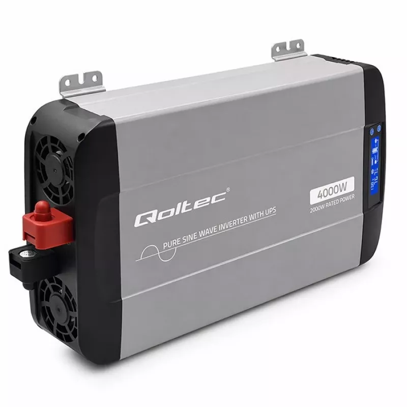 Qoltec Reiner Sinus Wechselrichter mit UPS | 12V auf 230V | 2000W Dauerleistung / 4000W Spitzenleistung | LCD | USB-A | USB-C PD 18W | LiFePO4 GEL AGM Kompatibel