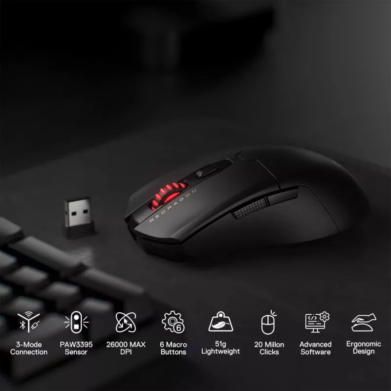 Redragon FYZU M995 PRO Kabellose Gaming-Maus - Schwarz, 26K DPI Pixart 3395, Tri-Mode, 9 Tasten, RGB, 70h Akku