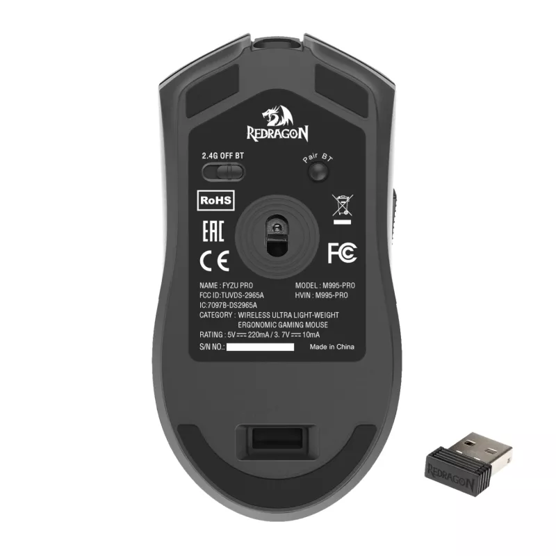Redragon FYZU M995 PRO Kabellose Gaming-Maus - Schwarz, 26K DPI Pixart 3395, Tri-Mode, 9 Tasten, RGB, 70h Akku