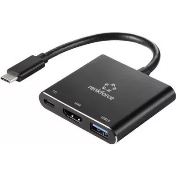 Renkforce RF-5133676 USB-C auf HDMI Multiport-Adapter mit Power Delivery & USB-A, 4K, 20 cm, Schwarz