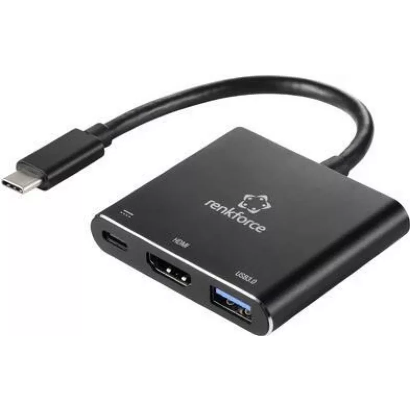 Renkforce RF-5133676 USB-C auf HDMI Multiport-Adapter mit Power Delivery & USB-A, 4K, 20 cm, Schwarz