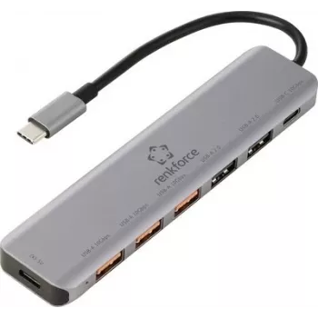 Renkforce RF-7465828 USB-C 6-in-1 Hub, 3x USB-A 3.0, USB-C Daten, 4K HDMI, 100W PD, Grau