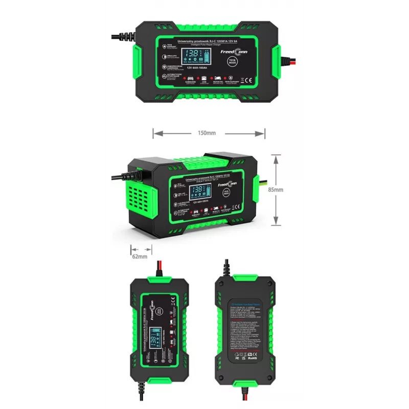 RJ TIANYE FreedConn RJ-C 120501A 12V 6A Intelligentes Automatisches Batterieladegerät für Blei-Säure AGM GEL EFB mit LCD-Anzeige