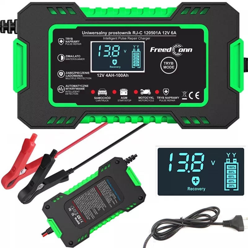 RJ TIANYE FreedConn RJ-C 120501A 12V 6A Intelligentes Automatisches Batterieladegerät für Blei-Säure AGM GEL EFB mit LCD-Anzeige