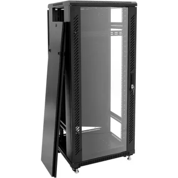 ROADINGER SSC-24 24U freistehender Stahl-Rackschrank mit Tür aus gehärtetem Glas, 600x600x1170 mm, 150 kg Traglast, Schwarz