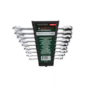 ROCKFORCE 9-teiliger metrischer Ratschen-Ringschlüsselsatz, Chrom-Vanadium-Stahl, 72 Zähne, 8-22 mm, DIN-Norm