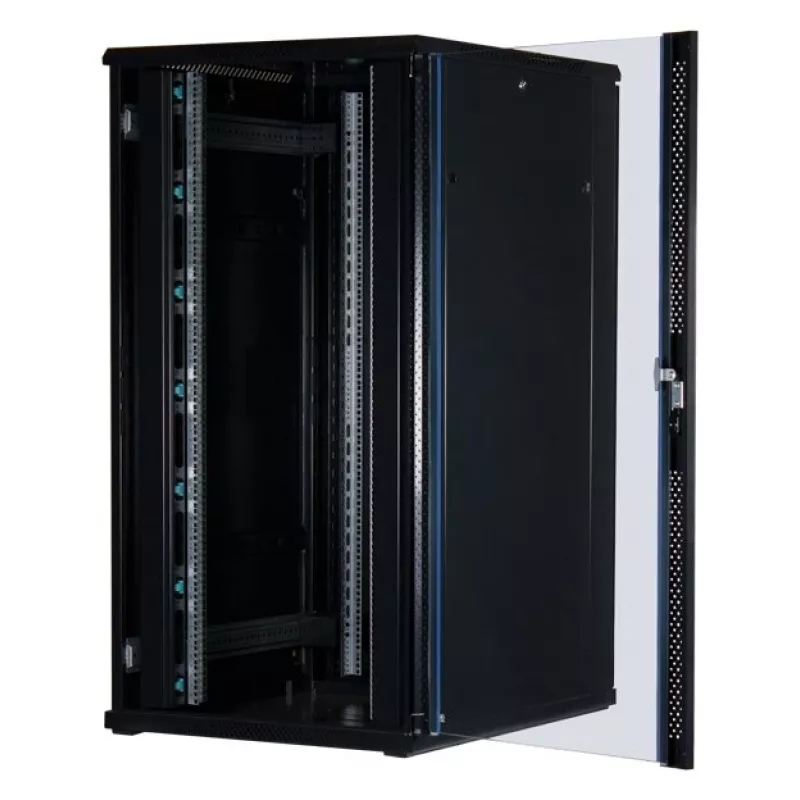 Rockstable 32U 19-Zoll Serverschrank mit Glastür - Standschrank - 32U - 800 kg - abschließbare Tür - Montageschienen - verstellbare Füße (RS19-8032)