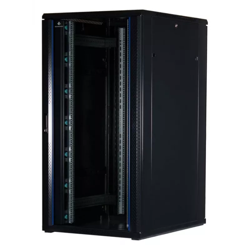 Rockstable 32U 19-Zoll Serverschrank mit Glastür - Standschrank - 32U - 800 kg - abschließbare Tür - Montageschienen - verstellbare Füße (RS19-8032)