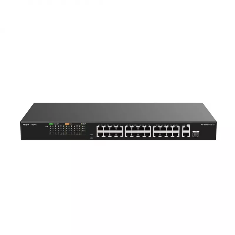 Ruijie RG-ES126FGS-LP 24-Port Fast Ethernet PoE+ Switch mit 2 Gigabit-SFP-Uplinks, 370W PoE-Budget, Rackmontage