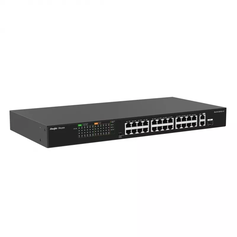 Ruijie RG-ES126FGS-LP 24-Port Fast Ethernet PoE+ Switch mit 2 Gigabit-SFP-Uplinks, 370W PoE-Budget, Rackmontage