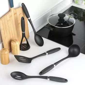 Russell Hobbs RH03026EU7 5-teiliges Küchenhelfer-Set mit Drehständer, Schwarz und Silber